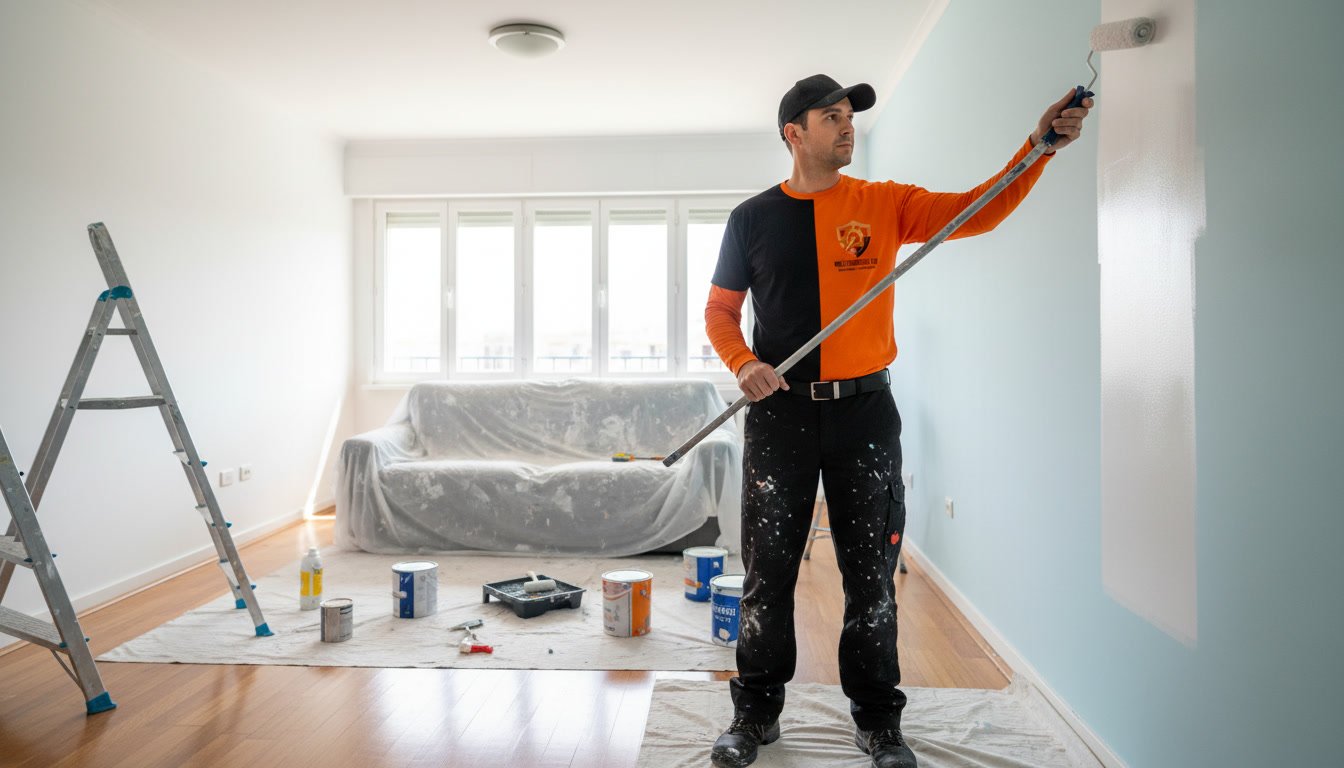 Pintores profesionales pintando salón en blanco y alisando paredes en Granada